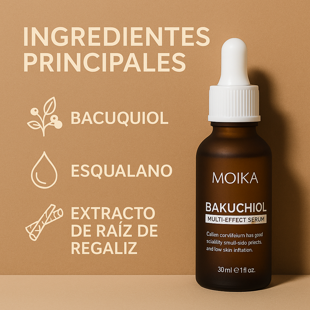 SERUM  MULTI EFECTO BAKUCHIOL MOIKA® - ACLARA, UNIFICA. SIMILAR AL RETINOL, PERO NATURAL.