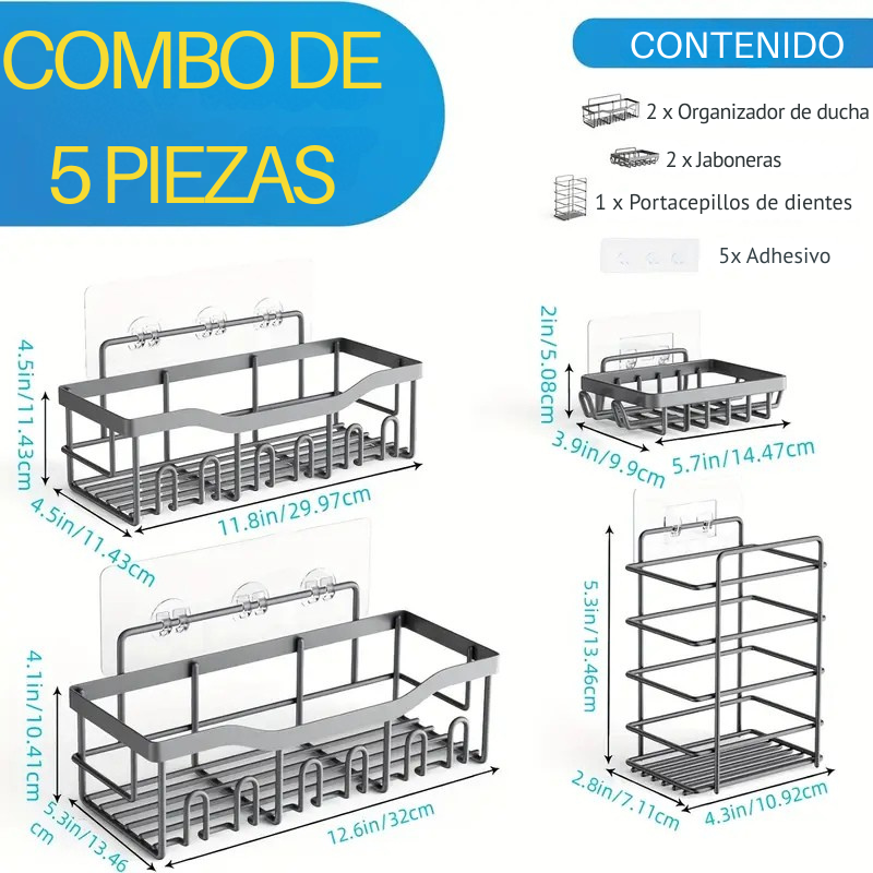 Organizador de Baño Homely Set X5 | Más Espacio, Menos Desorden sin Romper la pared