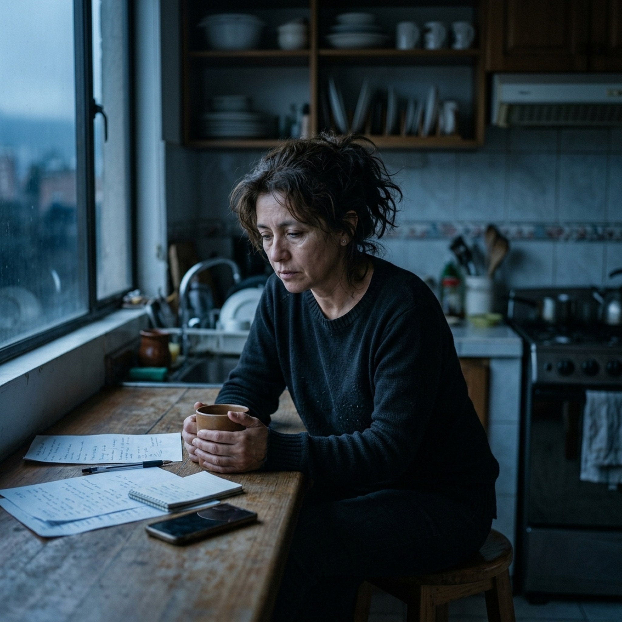 Mujer cansada en cocina