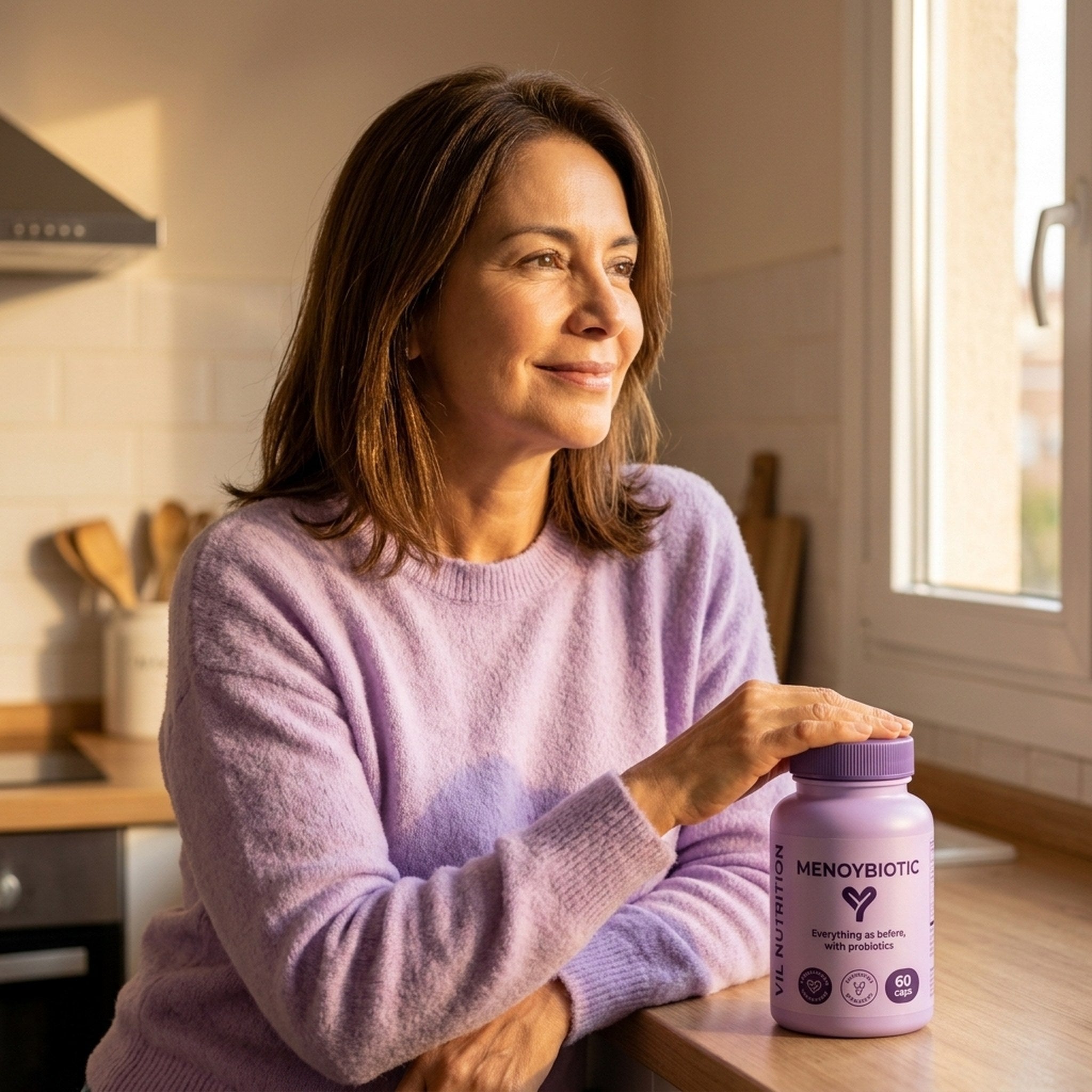 Mujer serena con producto